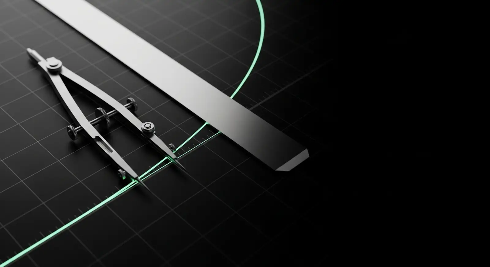 Drafting dividers and a straight edge resting on a dark ruled grid, with a single hyperbolic curve traced across it.