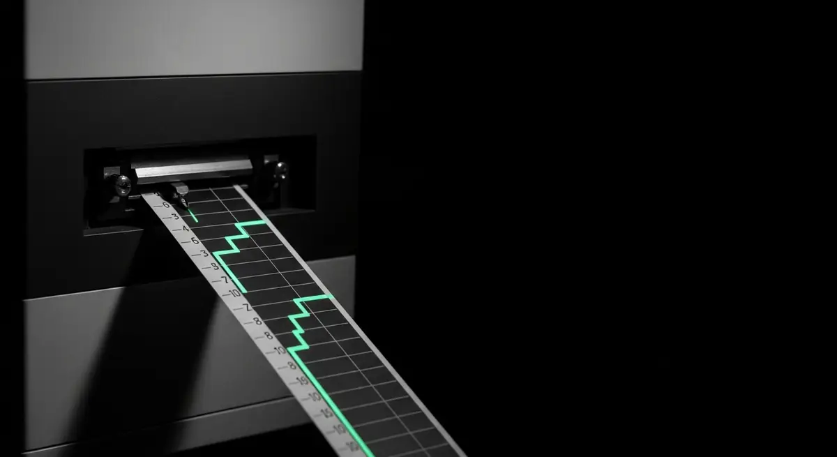 A chart recorder drawing a single stepped line onto a paper ribbon as it feeds out of the machine.